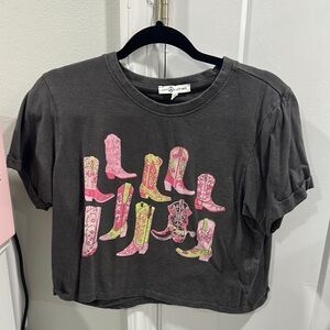 Gray T-Shirt with Pink and Yellow Boot Print